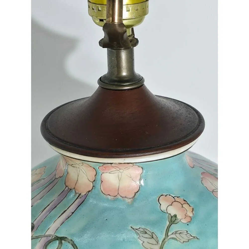 Vintage Floral Ceramic Table Lamp With Hand-Painted Bird Design On Wood Base